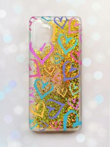 Чохол з плаваючими блискітками Samsung Galaxy A32 Золотий :: Різнокольорові сердечка (принт 332)