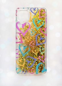 Чохол з плаваючими блискітками Samsung A12 Золотий :: Різнокольорові сердечка (принт 332)