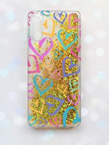 Чохол з плаваючими блискітками Samsung Galaxy A02 / A022 (2021) Золотий :: Різнокольорові сердечка (принт 332)