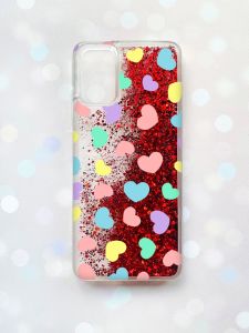 Чохол з плаваючими блискітками для Samsung Galaxy A03s (A037) Червоний :: Різнокольорові сердечка (принт 335)