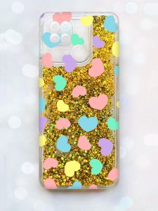 Чохол з плаваючими блискітками на Xiaomi Redmi 10С Золотий :: Різнокольорові сердечка (принт 335)