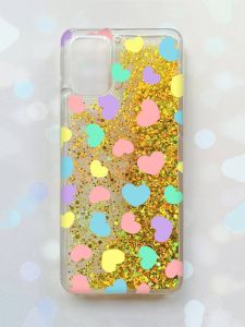 Чохол з плаваючими блискітками для Samsung Galaxy A03s (A037) Золотий :: Різнокольорові сердечка (принт 335)