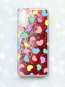 Чохол з плаваючими блискітками Samsung Galaxy A02 / A022 (2021) Червоний :: Різнокольорові сердечка (принт 335)