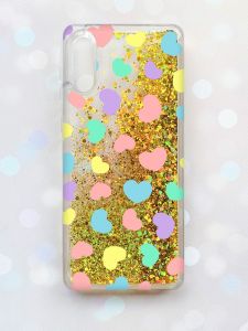 Чохол з плаваючими блискітками Samsung Galaxy A02 / A022 (2021) Золотий :: Різнокольорові сердечка (принт 335)