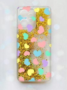 Чохол з плаваючими блискітками Xiaomi Redmi Note 12 4G Золотий :: Різнокольорові сердечка (принт 335)
