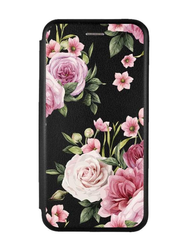 Чохол-книжка з малюнком для iPhone 7, 8 Чорний :: Рожеві квіти (принт 287)