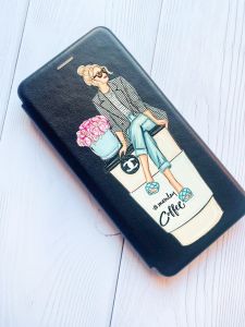 Чохол-книжка з малюнком для iPhone 7, 8 Чорний :: Дівчина на каві (принт 228)