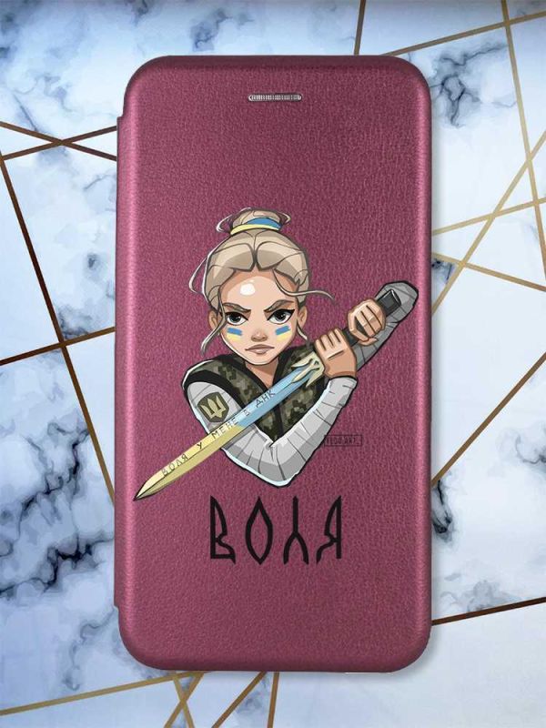 Чохол-книжка з малюнком для Xiaomi Redmi Note 9/10X Бордовий :: Українська захисниця (принт 170)