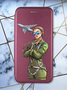 Чохол-книжка з малюнком для Xiaomi Redmi Note 9/10X Бордовий :: Дівчина-пілот (патріотичний принт 6)