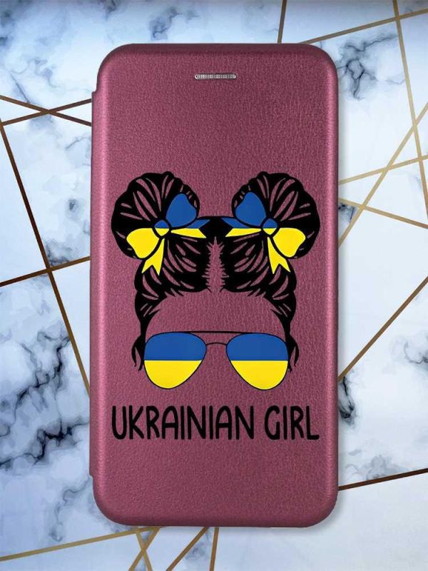 Чохол книжка з малюнком для Samsung Galaxy A12 Бордовий :: Українська дівчина (принт 113)