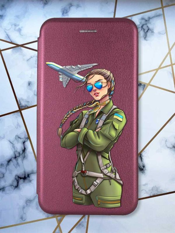 Чохол-книжка з малюнком для iPhone 7, 8 Бордовий :: Дівчина-пілот (патріотичний принт 6)