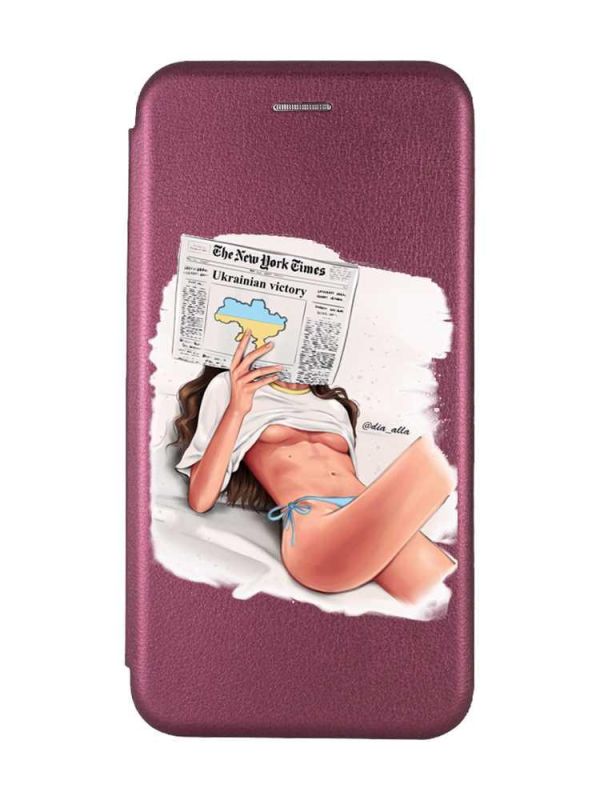 Чохол-книжка з малюнком для iPhone 7, 8 Бордовий :: Дівчина з газетою (принт 31)