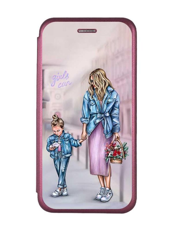 Чохол-книжка з малюнком для iPhone 7, 8 Бордовий :: Мама і донька (принт 56)