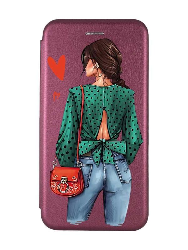 Чохол-книжка з малюнком для iPhone 7, 8 Бордовий :: Дівчина в зеленому (принт 224)