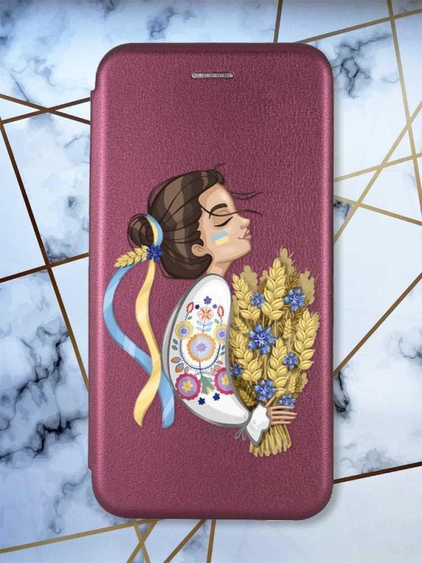 Чохол-книжка з малюнком для Samsung Galaxy S20 FE (G780) Бордовий :: Українка з колосками (патріотичний принт 172)