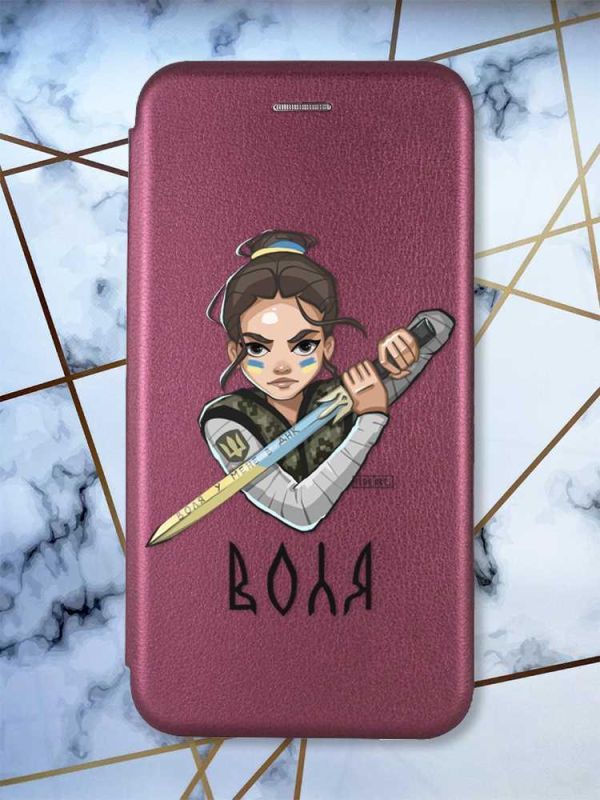 Чохол-книжка з малюнком для Xiaomi Redmi 9C/10A Бордовий :: Українська захисниця (патріотичний принт 169)