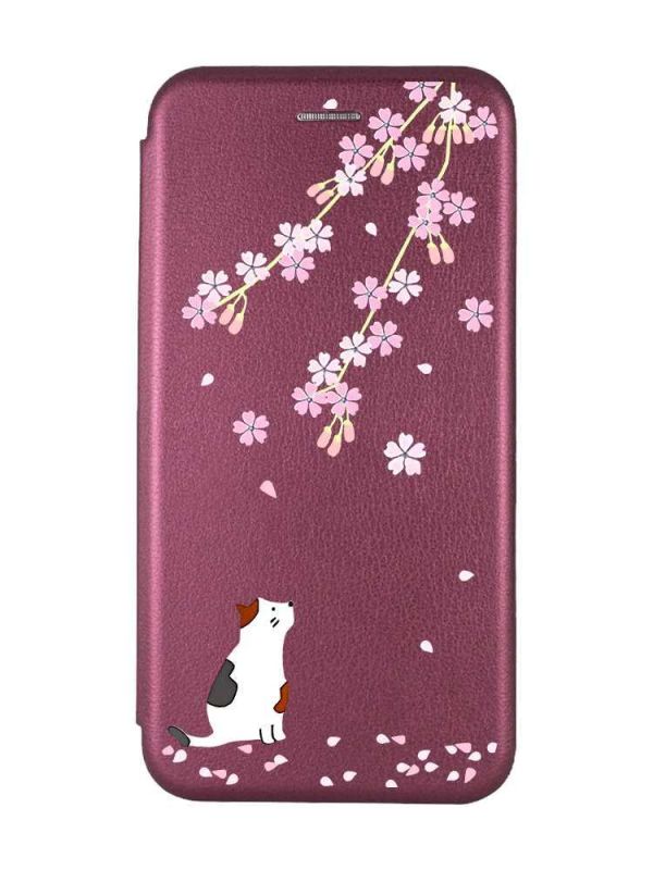 Чохол-книжка з малюнком для Samsung Galaxy J5(2016) J510 Бордовий :: Котик і сакура (принт 283)