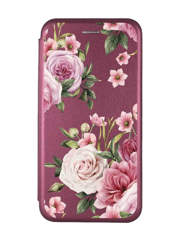 Чохол-книжка з малюнком для Samsung Galaxy J5(2016) J510 Бордовий :: Рожеві квіти (принт 287)