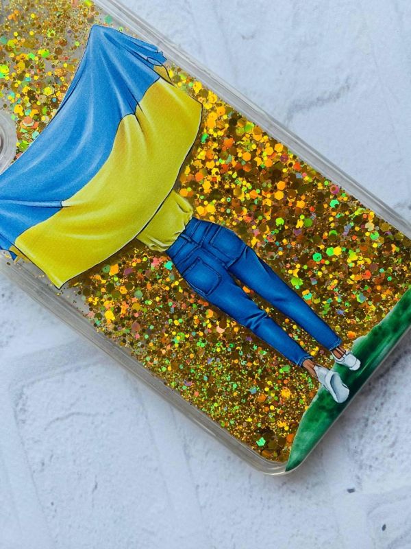 Чохол з плаваючими блискітками Samsung Galaxy A02 / A022 (2021) Золотий :: Дівчина з прапором (принт 263)