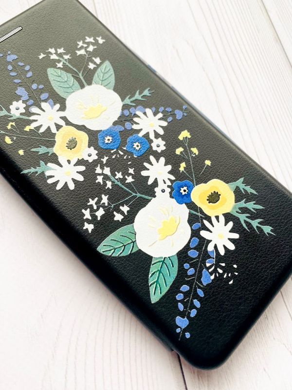 Чохол-книжка з малюнком для Xiaomi Redmi 12 Чорний :: Квіти. Акварель (принт 271)
