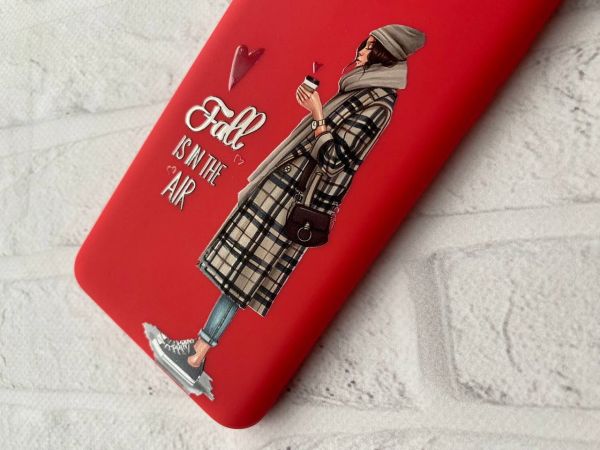 Матовий червоний чохол на Apple iPhone XR Дівчина з кавою принт 59