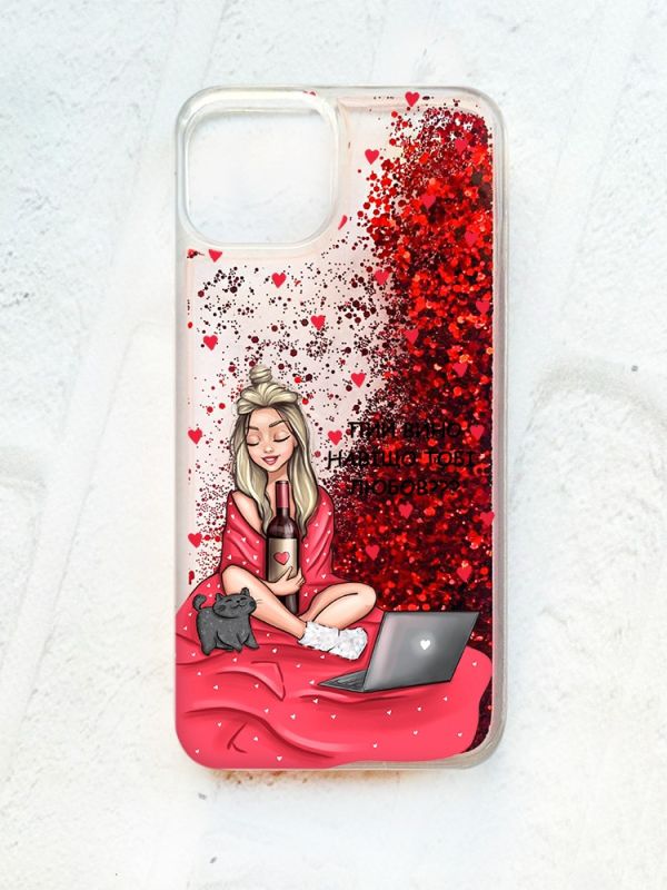 Чохол із плаваючими блискітками на iPhone 14 Червоний :: Дівчина з вином (принт 220)