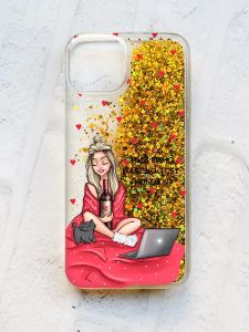 Чохол із плаваючими блискітками на iPhone 14 Золотий :: Дівчина з вином (принт 220)