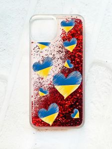 Чохол із плаваючими блискітками на iPhone 13 Червоний :: Сердечка. Україна (принт 258)