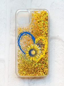 Чохол із плаваючими блискітками на iPhone 11 Золотий :: Серце з соняхом. Україна (принт 260)