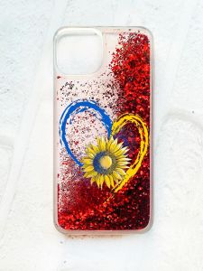Чохол із плаваючими блискітками на iPhone 14 Червоний :: Серце з соняхом. Україна (принт 260)