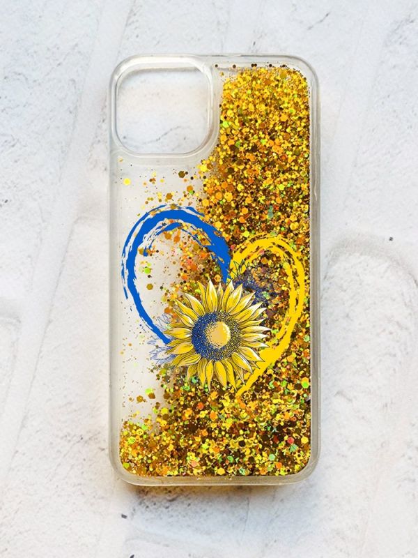 Чохол із плаваючими блискітками на iPhone 14 Золотий :: Серце з соняхом. Україна (принт 260)