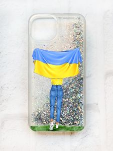 Чохол із плаваючими блискітками на iPhone 14 Срібний :: Дівчина з прапором (принт 263)