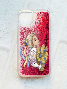 Чохол із плаваючими блискітками на iPhone 14 Рожевий :: Українка з колосками (принт 173)