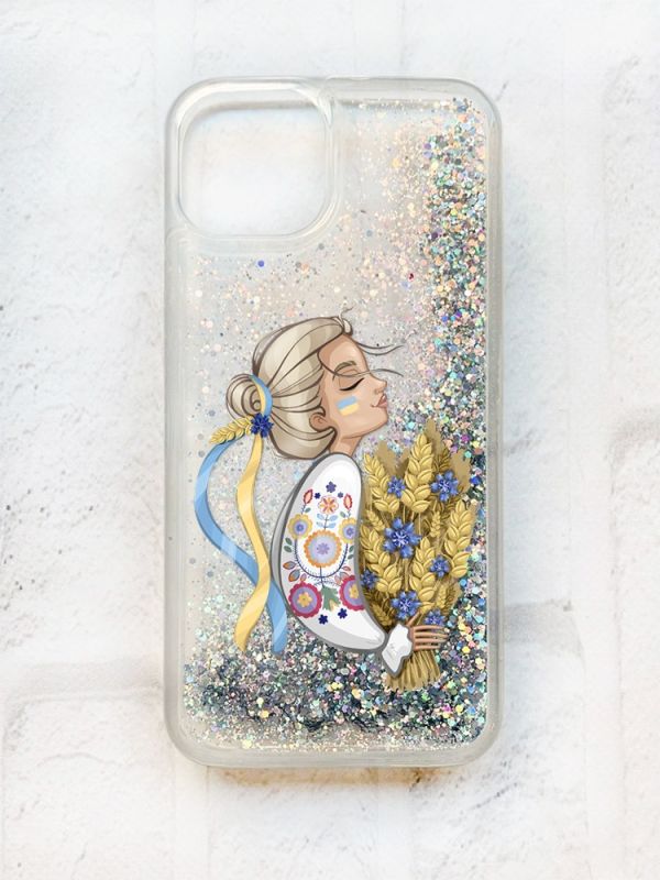 Чохол із плаваючими блискітками на iPhone 14 Срібний :: Українка з колосками (принт 173)