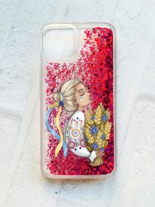 Чохол із плаваючими блискітками на iPhone 13 Рожевий :: Українка з колосками (принт 173)