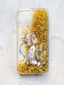 Чохол із плаваючими блискітками на iPhone 13 Золотий :: Українка з колосками (принт 173)