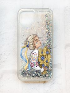 Чохол із плаваючими блискітками на iPhone 13 Срібний :: Українка з колосками (принт 173)