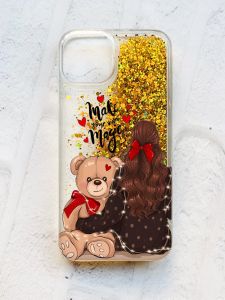 Чохол із плаваючими блискітками на iPhone 14 Золотий :: Дівчина з ведмедиком (принт 188)