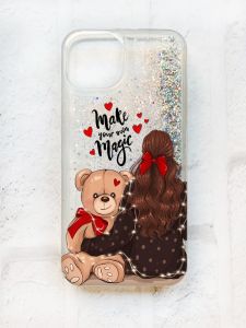 Чохол із плаваючими блискітками на iPhone 13 Срібний :: Дівчина з ведмедиком (принт 188)