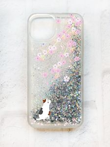 Чохол із плаваючими блискітками на iPhone 13 Срібний :: Котик і сакура (принт 283)