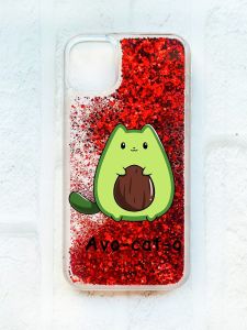 Чохол із плаваючими блискітками на iPhone 11 Червоний :: Котик Авокадо (принт 306)