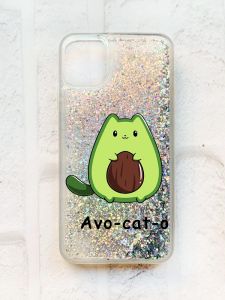 Чохол із плаваючими блискітками на iPhone 11 Срібний :: Котик Авокадо (принт 306)