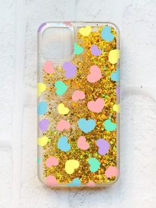 Чохол із плаваючими блискітками на iPhone 11 Золотий :: Різнокольорові сердечка (принт 335)
