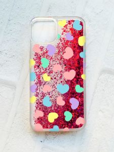 Чохол із плаваючими блискітками на iPhone 14 Рожевий :: Різнокольорові сердечка (принт 335)