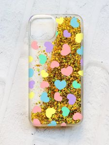 Чохол із плаваючими блискітками на iPhone 13 Золотий :: Різнокольорові сердечка (принт 335)