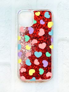 Чохол із плаваючими блискітками на iPhone 11 Червоний :: Різнокольорові сердечка (принт 335)