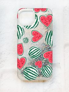 Чохол із плаваючими блискітками на iPhone 14 Срібний :: Кавуни сердечка (принт 343)