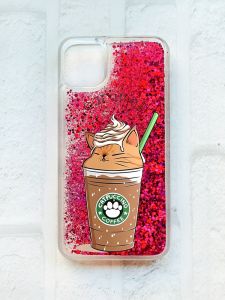 Чохол із плаваючими блискітками на iPhone 11 Рожевий :: Капучіно котик (принт 97)