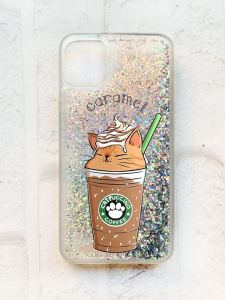 Чохол із плаваючими блискітками на iPhone 11 Срібний :: Капучіно котик (принт 97)