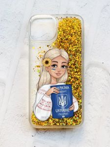 Чохол із плаваючими блискітками на iPhone 14 Золотий :: Дівчина з паспортом (принт 13)